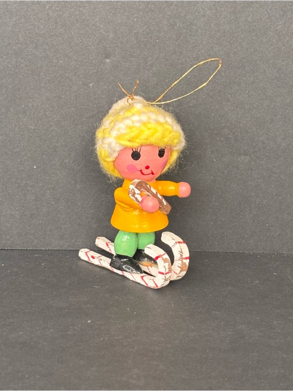 Wood Figure on Skies Christmas Figurine Skier Crochet Hat Vintage 3” Ornament